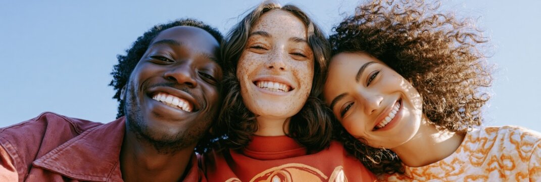 Diverse group of smiling young friends outdoors under blue sky for lifestyle banner and social background
