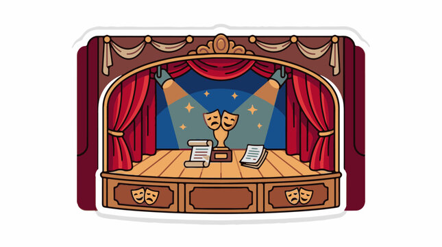 A vibrant cartoon-style illustration of a theatre stage with red curtains