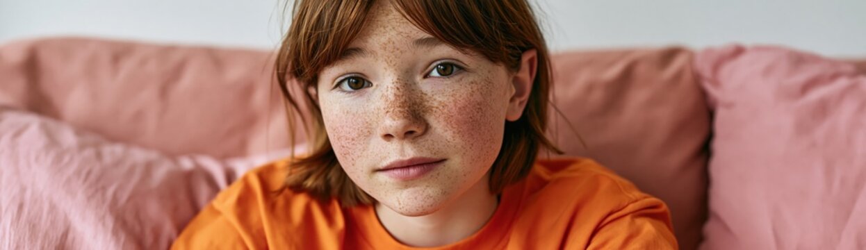 Close-up portrait of a freckled child in an orange shirt on a pink sofa for family lifestyle banner and website header background