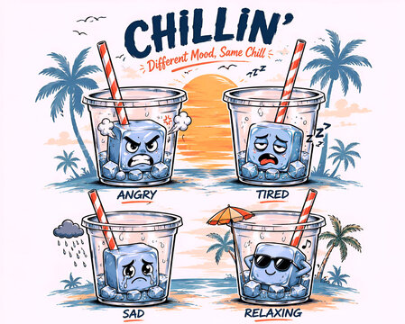 Funny cartoon ice cube characters with different moods in tropical drinks