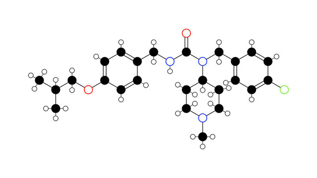 pimavanserin molecule, structural chemical formula, ball-and-stick model, isolated image atypical antipsychotic drug