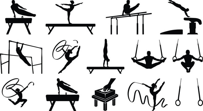 Gymnastics Sport Silhouette Vector Illustration Set with Athletes Performing Artistic and Rhythmic Exercises on Rings, Balance Beam, Parallel Bars, and Pommel Horse