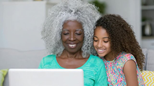 Static shot of grandmother and granddaughter smiling and using laptop while leaning together on living room sofa at home during daytime