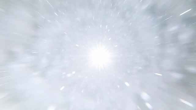 Accelerating central light pulling particle halo inward in simulated tunnel, drawing viewer forward