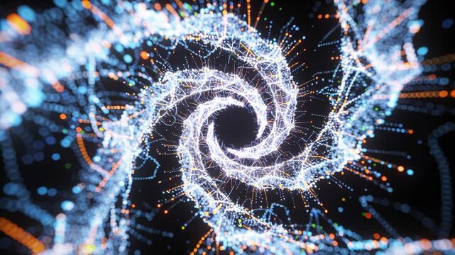 Starting internal braided filament spiraling rotating pulsing in void, core blue orange green nodes