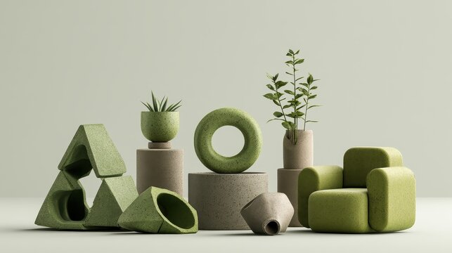 Recycle innovation, recycled plastic transformed into geometric furniture forms, modern sustainable style, 3D illustration.