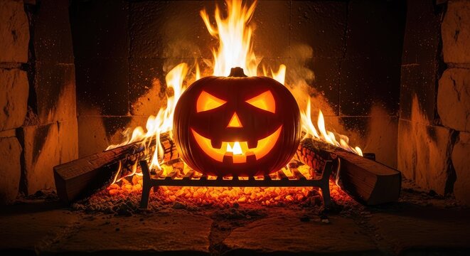 A glowing orange carved pumpkin sits inside a rustic stone fireplace among burning wood logs and warm embers on a spooky autumn night, traditional, celebration, night