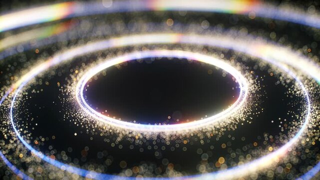 Advancing frames causing inner glowing ring and outer rings drifting around dark void core, bokeh