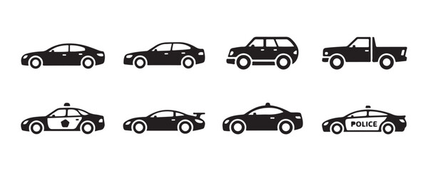 Various car icons in black silhouette, showing different types of vehicles like sedan, suv, and police. © Sen