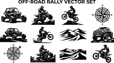 Obraz premium Off-Road Rally Vector Set Featuring Dirt Bikes, ATV Riders, Dune Buggies, Pickup Trucks, Mountain Landscapes, and Compass Rose Symbols for Adventure Designs