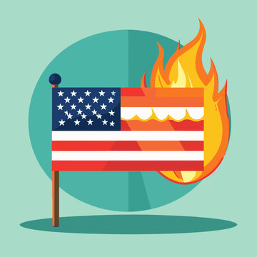A stylized illustration of the US flag on fire