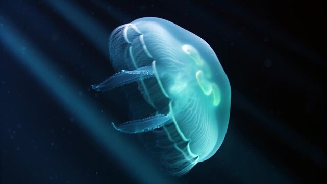 Pulsing jellyfish contracting bell and propelling forward through dark water under blue shafts