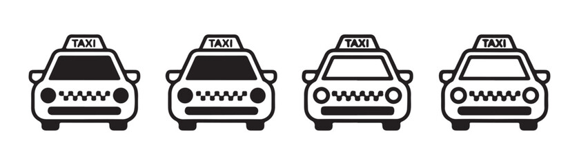 Set of four front view taxi icons on transparent background. Black and white graphic design. © Sen