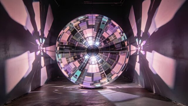 Rotating after power on, segmented mirror sphere on axle casting pastel patterns in dark gallery