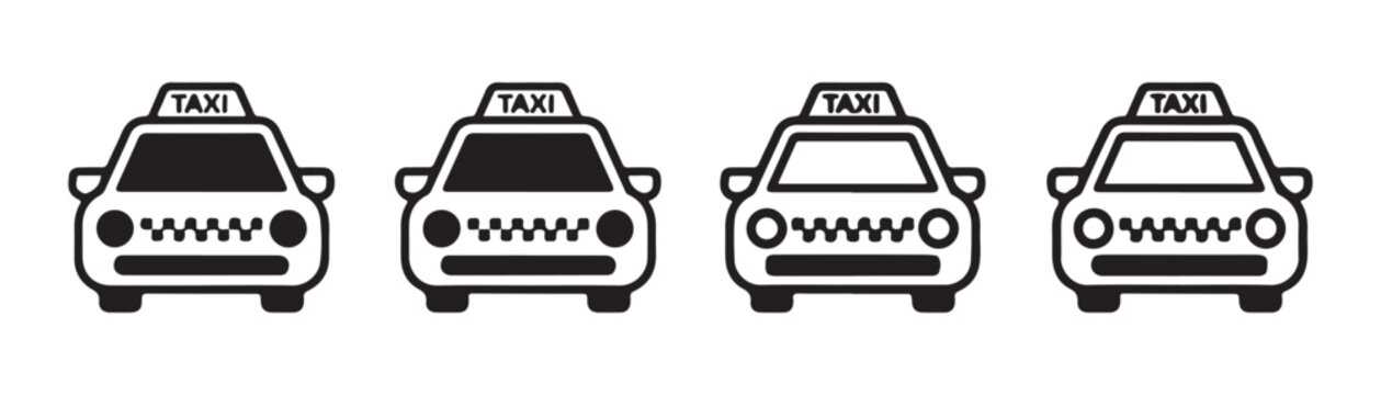Set of four front view taxi icons on transparent background. Black and white graphic design.