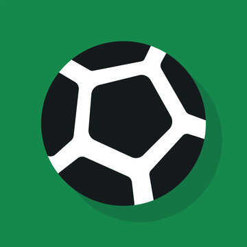 Minimalist Soccer Ball Flat Icon Design, Classic Football Graphic with Black and White Pentagons Isolated on Green Background
