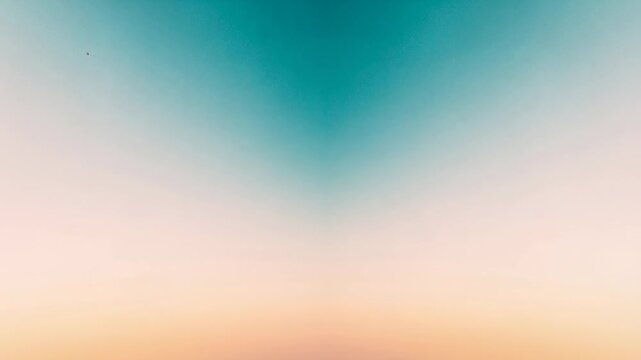 Appearing small dark speck staying near upper left on abstract gradient field, teal-cream V-shape