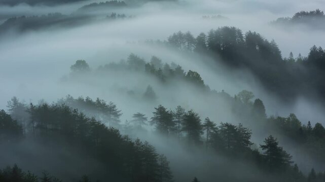 Shifting fog bands sweeping over coniferous ridgelines at dawn, revealing and concealing treetops