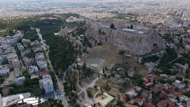 High altitude tripod perspective of Athens cityscape, famous ancient Acropolis and Parthenon temple, Odeon of Herodes Atticus, Theatre of Dionysus