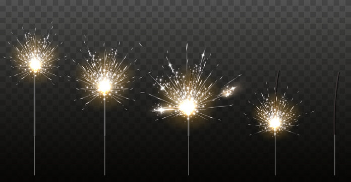 Realistic sparklers. Brightly burning fireworks. Metal stick with combustible compound. Flying sparks. Holiday flashes. 3D Bengal lights. Combustion stages. Glowing flares vector set