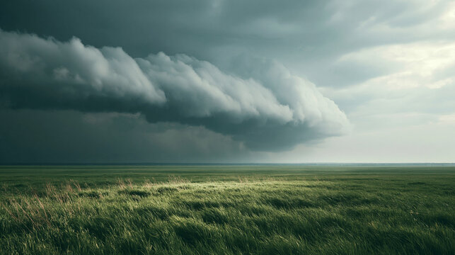 Dramatic sky looms over a vast grassy field with rolling clouds