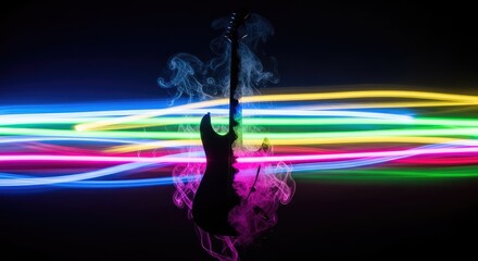 Obraz premium A sleek electric guitar silhouette merges into a vibrant canvas of blurred neon lights and soft smoke trails in a modern artistic style, artistic, performance, sound