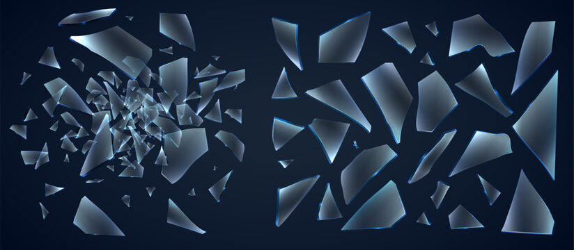 Realistic shards of broken glass. Flying small fragments. Free form 3D model elements. Mirror debris. Fragile surface. Shattered window. Windshield explosion. Cracked pieces vector set
