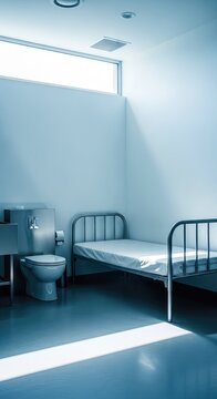 A stark minimalist detention room featuring a metal bed frame, thin mattress, stainless steel sink, and light streaming from a high window, floor, confinement, security
