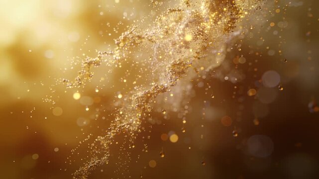 Shining diagonal gold dust stream flowing, shedding drops in close-up, triggered by warm left light