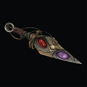 Detailed fantasy ninja kunai knife weapon with red and purple magical eyes and skull decoration.