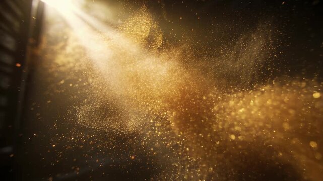 Swirling golden particle plume thickening and dispersing in dim room as light enters slatted window