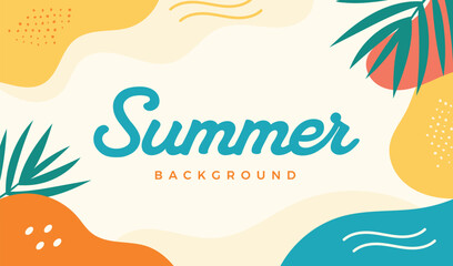 Naklejka premium Abstract Summer Background with Fluid Organic Shapes, Tropical Palm Leaves and Pastel Colors