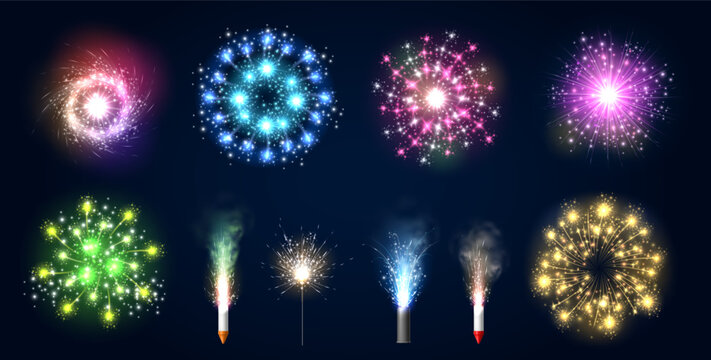 Realistic pyrotechnic effects. Various types of festive fireworks. Celebratory explosions and Roman candles. Bengal light. Rockets and sparkling fountains. Vector firecracker flashes set