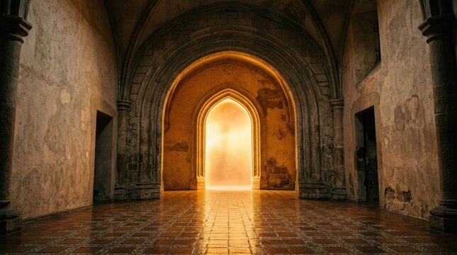 Ancient Temple Hallway with Golden Light.