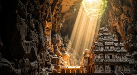 Obraz premium An ancient temple structure carved into the side of a massive underground limestone cave, lit by golden sunlight from a large ceiling hole, stalactite, forgotten, dark