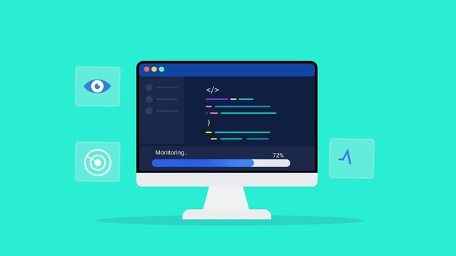 Animated flat vector illustration of a desktop monitor displaying software code with computer vision, image recognition, and AI analysis icons. Modern artificial intelligence and visual detection tech