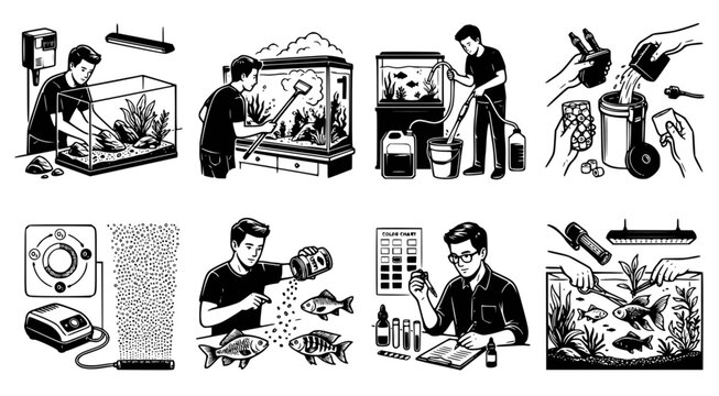 Detailed instructional illustration showing comprehensive steps for maintaining a healthy freshwater home aquarium setup