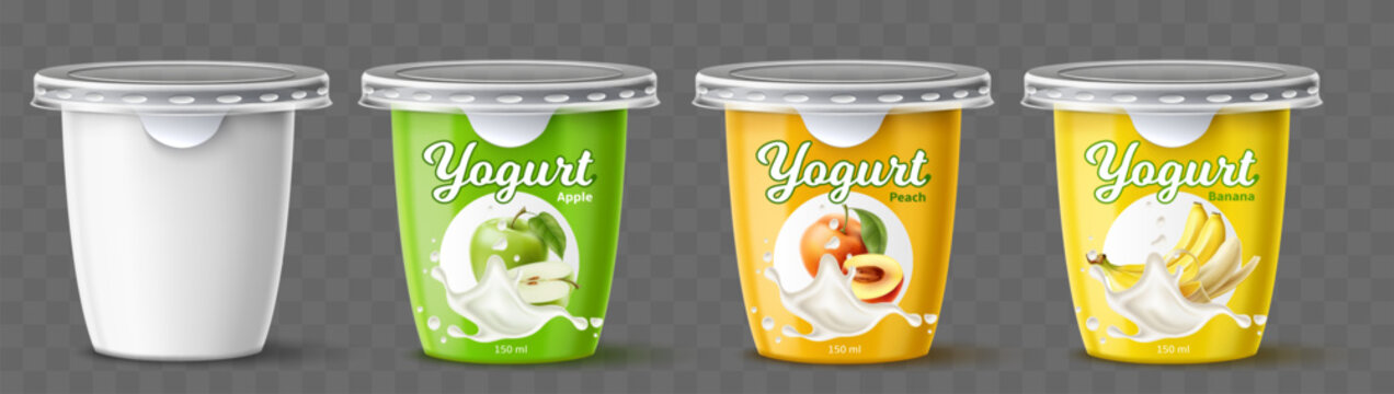 Realistic packaging design for yogurt. Plastic containers for fruit flavored dairy desserts. Natural Greek products with banana, peach, and green apple tastes. Vector cream packaging set