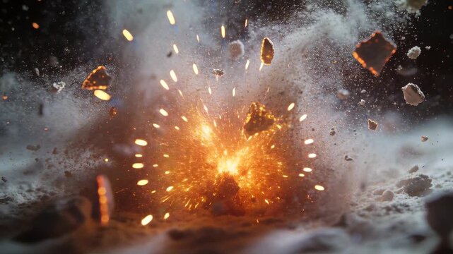 Igniting central detonation sending embers, fragments and smoke from powdery surface in dark studio