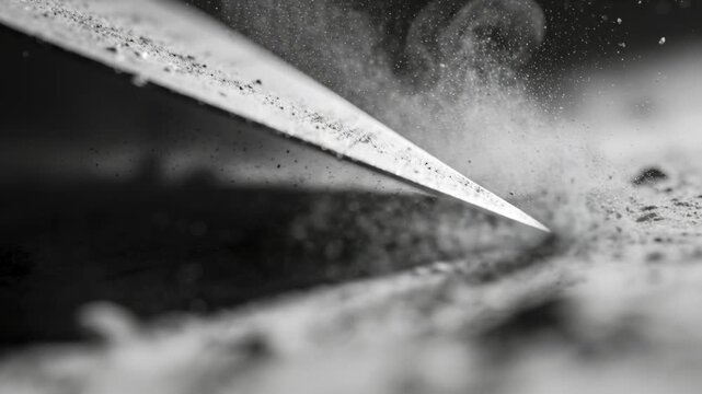 Contacting sharp metallic blade tip scraping into workbench substrate, sending dust plumes upward