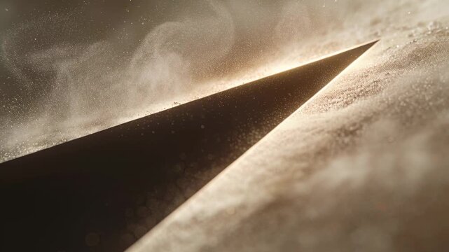 Moving camera revealing dark wedge crossing granular plane under warm rim light, lifting dust