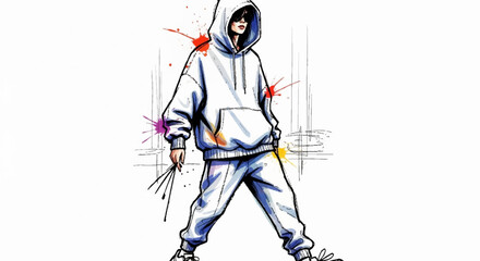 Fototapeta premium Urban Artist in Hoodie and Sweatpants with Paint Splatter