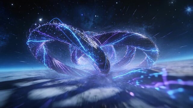 Sweeping luminous braid coiling above cloud tops while camera tracking forward, emitting particles