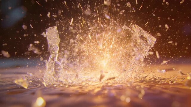 Glowing faceted crystal fracturing rapidly on textured floor, throwing glass shards