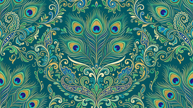 Flat vector seamless pattern, peacock feathers and elegant ornaments

