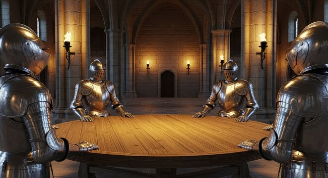 Empty polished silver armor suits arranged around a heavy circular wooden table inside a dimly lit stone castle hall with torch fire, medieval, stone, torchlight