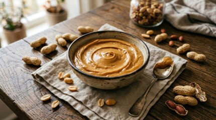 Fototapeta premium Creamy Peanut Butter in a Bowl with Peanuts on a Wooden Table.