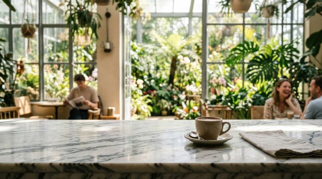 Cozy Greenhouse Cafe with Lush Plants and Coffee.