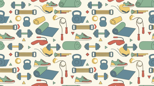 Flat vector seamless pattern, dumbbells and sports equipment

