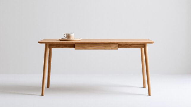 A wooden table stands with a single drawer against a plain background